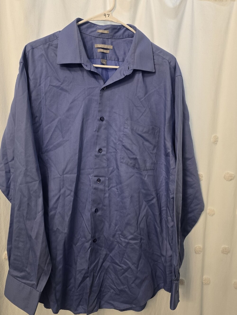 Van Heusen Men's Classic Blue Button-Up Dress Shirt Lux Sateen Fitted 17 1/2